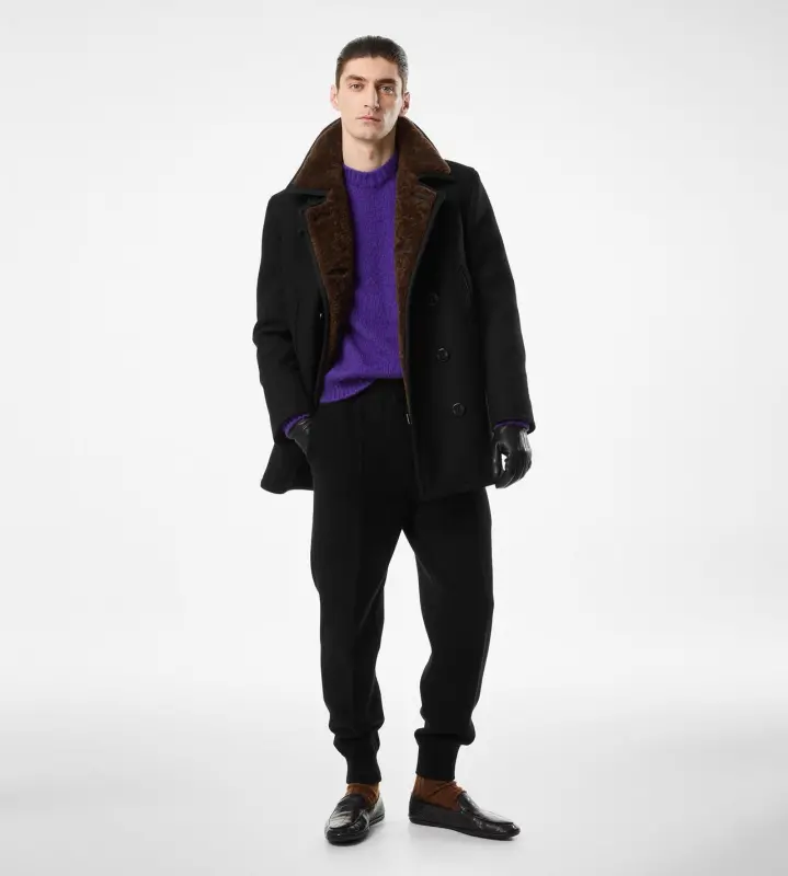 MELTON WOOL SHEARLING PEACOAT COMBO BLACK & BROWN online
